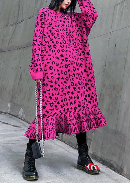 Cozy Rose Leopard Sweater Weather Stand Collar Hole Tejidos Sweater Dress