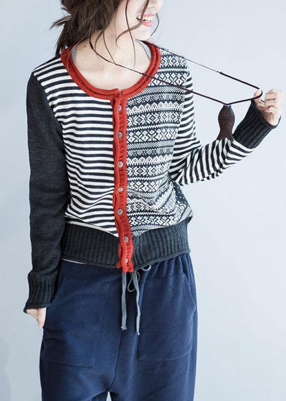 Cozy Striped Knit Jacket Fall Knit Sweat Tops O Neck Button Down