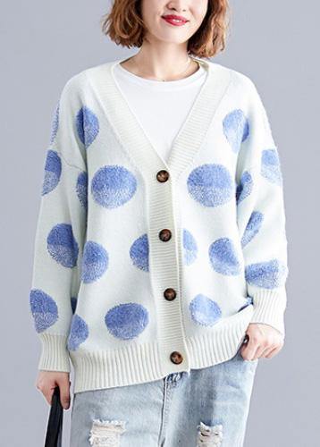 Cozy White Dotted Knitted Top V Neck Knitted Blouse Warm