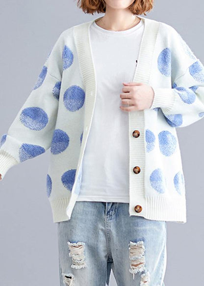 Cozy White Dotted Knitted Top V Neck Knitted Blouse Warm
