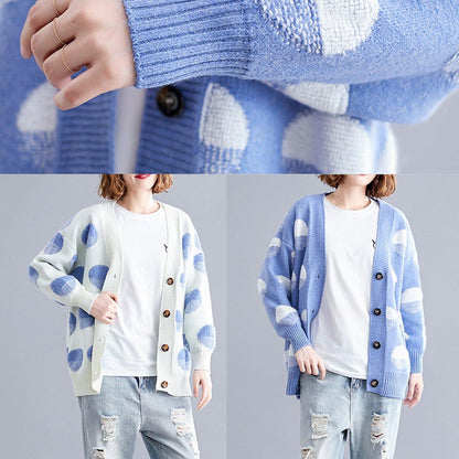 Cozy White Dotted Knitted Top V Neck Knitted Blouse Warm