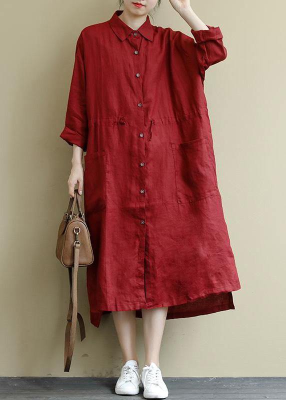 Gray Flower Linen Shirt Dress Oversize Spring Maxi Dresses