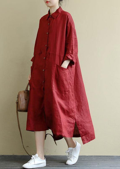 Rose Linen Shirt Dress Oversize Spring Maxi Dresses