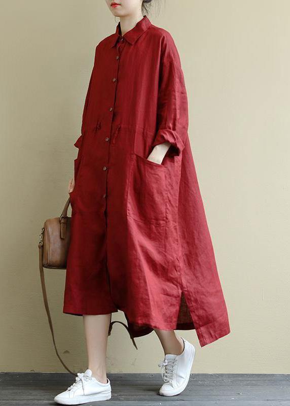 Gray Flower Linen Shirt Dress Oversize Spring Maxi Dresses