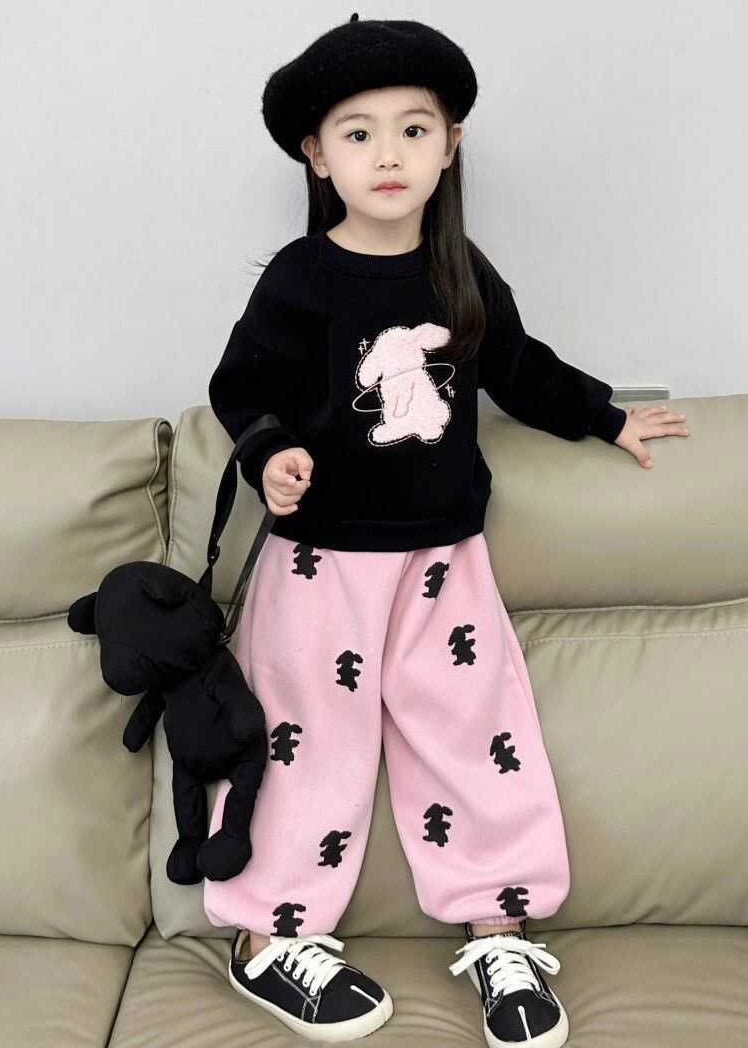 Animal Print Black Sweatshirt and Pink Beam Pants Two Pieces Set Spring