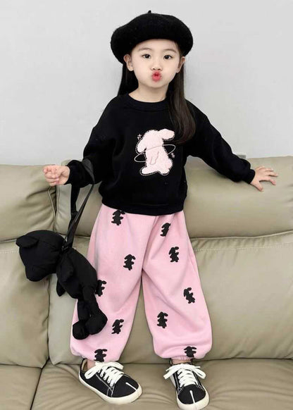 Animal Print Black Sweatshirt and Pink Beam Pants Two Pieces Set Spring