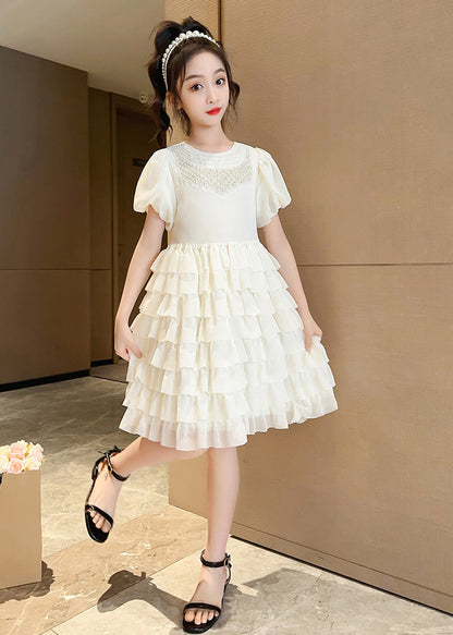 Apricot O-neck Patchwork Chiffon Layered Long Dress Short Sleeve