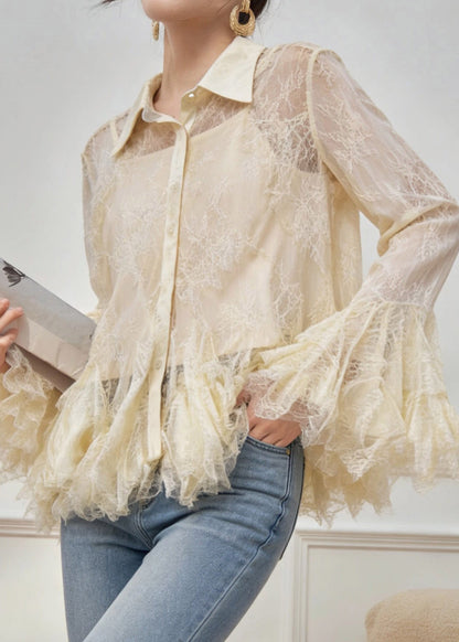 Cute Apricot Peter Pan Collar Button Chiffon Shirt Spring