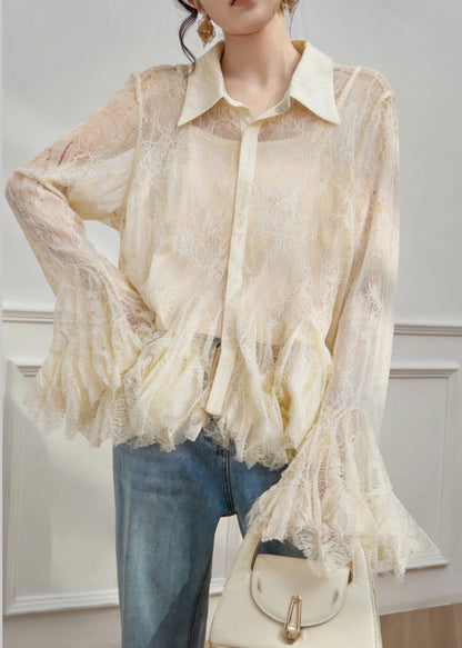 Cute Apricot Peter Pan Collar Button Chiffon Shirt Spring