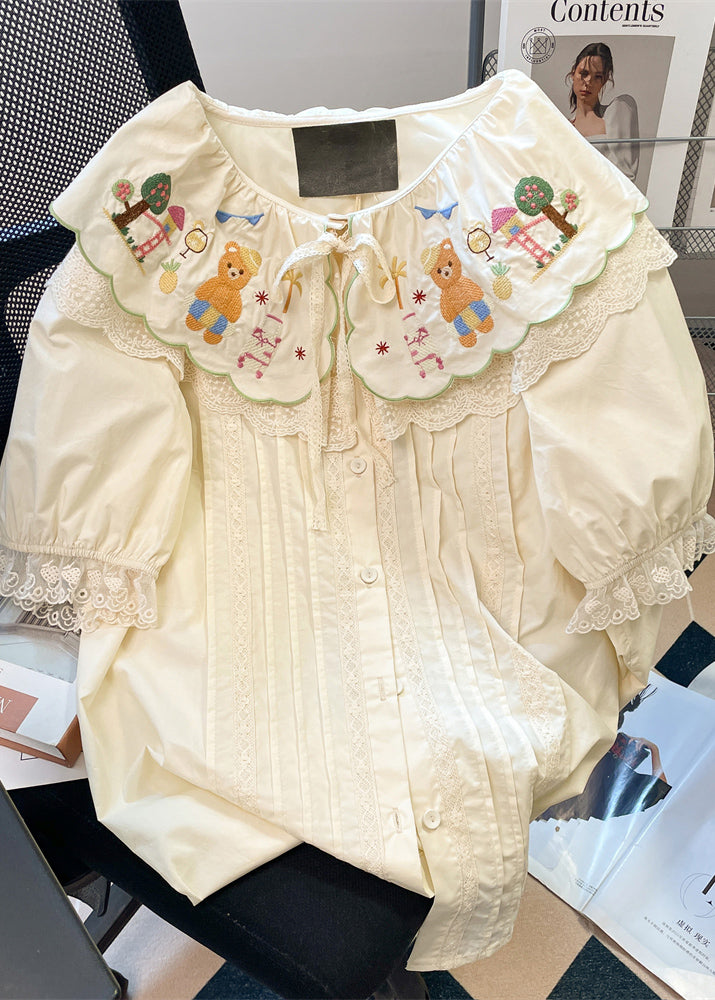 Apricot Peter Pan Collar Embroidered Patchwork Cotton Shirts Summer