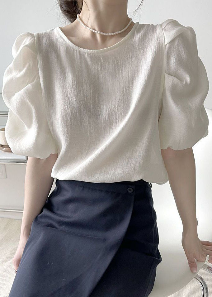 Apricot Puff Sleeve O-neck Wrinkled Color Silk Tops Fall