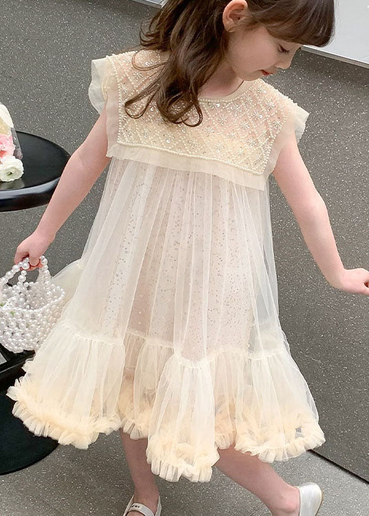 Apricot Ruffled Sequins Patchwork Tulle Baby Dresses Summer