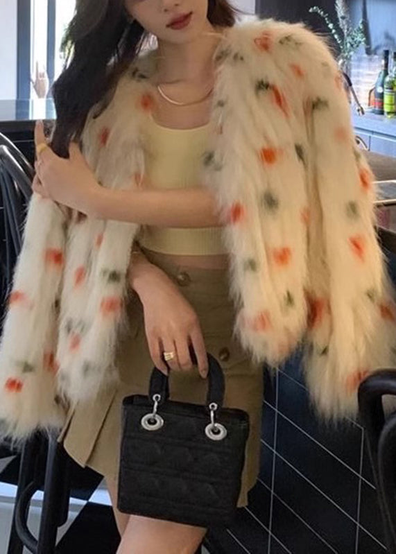 Apricot V Neck Raccoon Hair Print Leather and Fur Coats Spring