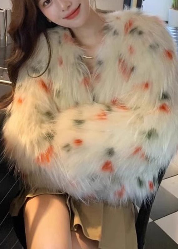 Apricot V Neck Raccoon Hair Print Leather and Fur Coats Spring