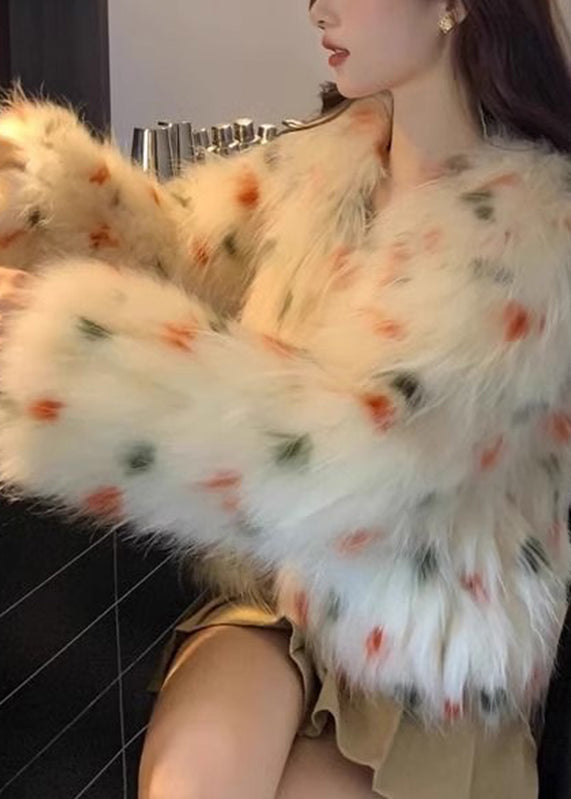Apricot V Neck Raccoon Hair Print Leather and Fur Coats Spring