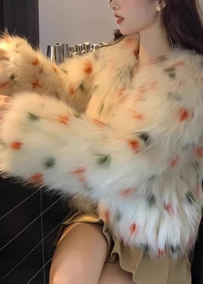 Apricot V Neck Raccoon Hair Print Leather and Fur Coats Spring