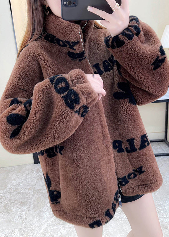 Baby Blue Stand Collar Print Zippered Faux Fur Coat Winter