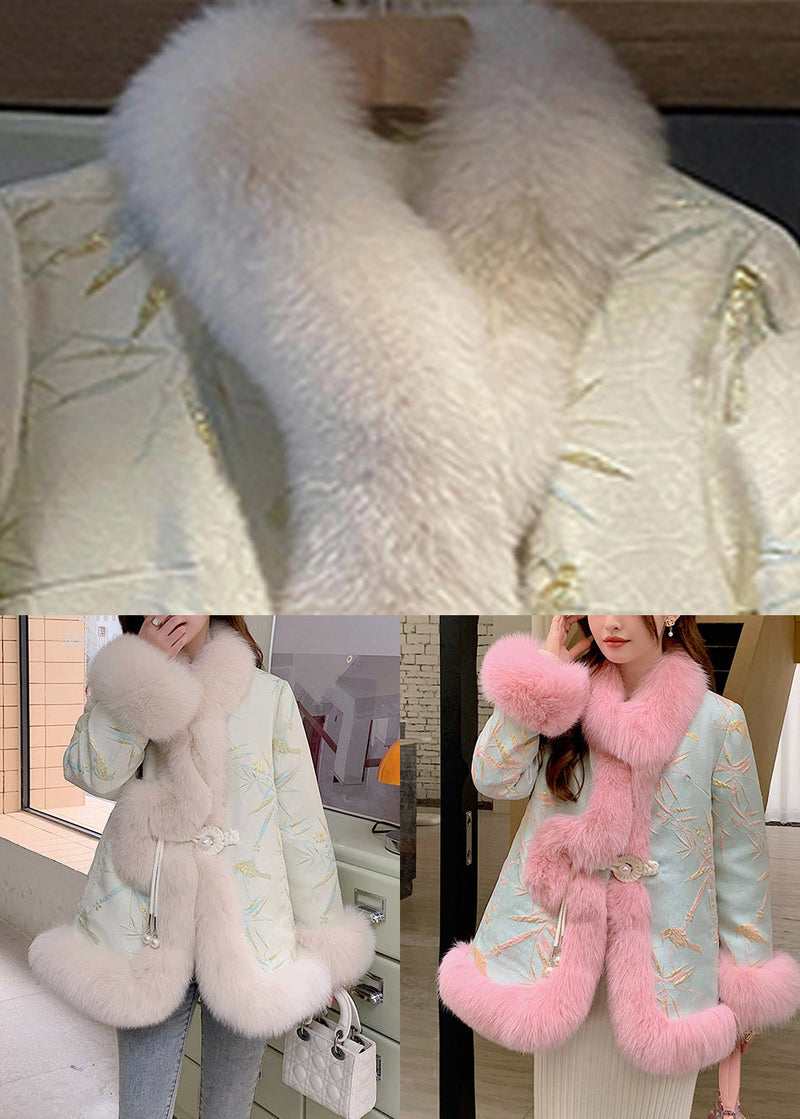 Beige Fox Collar Embroidered Leather and Fur Coats Winter