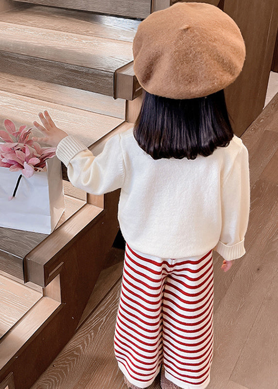 Beige O-neck Cotton Knit Sweaters and Crop Pants Two Pieces Set Spring
