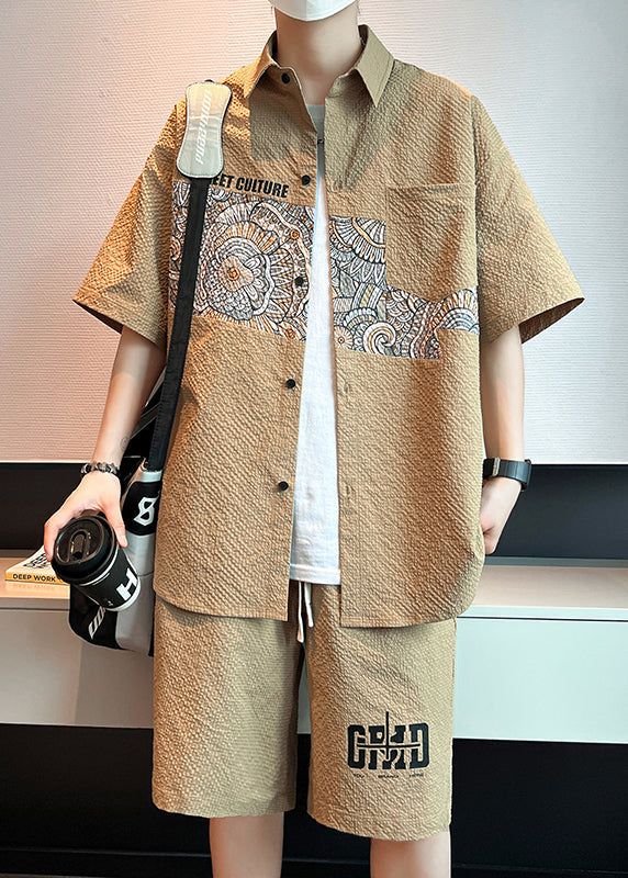 Beige Peter Pan Collar Print Shirt and Shorts Two Piece Set Short Sleeve