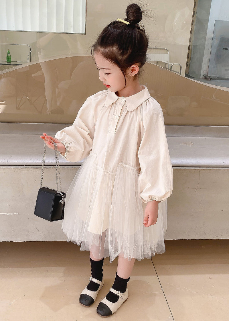 Beige Peter Pan Collar Tulle Patchwork Cotton Dresses Fall