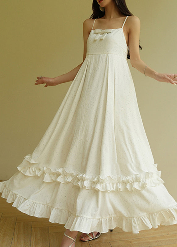 Beige Slash Neck Print Ruffled Patchwork Long Spaghetti Strap Dress Sleeveless