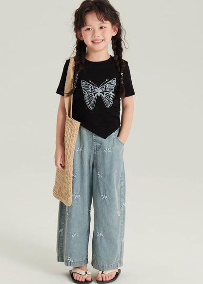 Black Asymmetrical Butterfly Print Top and Crop Pants Two Pieces Set Short Sleeve