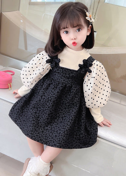 Black Dot Patchwork False Two Pieces Cotton Dresses Lantern Sleeve