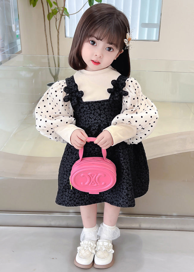 Black Dot Patchwork False Two Pieces Cotton Dresses Lantern Sleeve