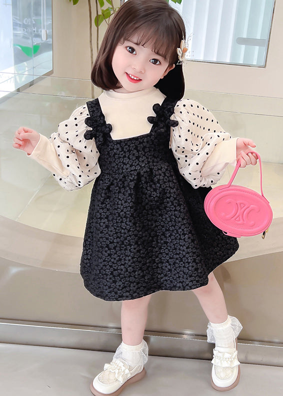 Black Dot Patchwork False Two Pieces Cotton Dresses Lantern Sleeve
