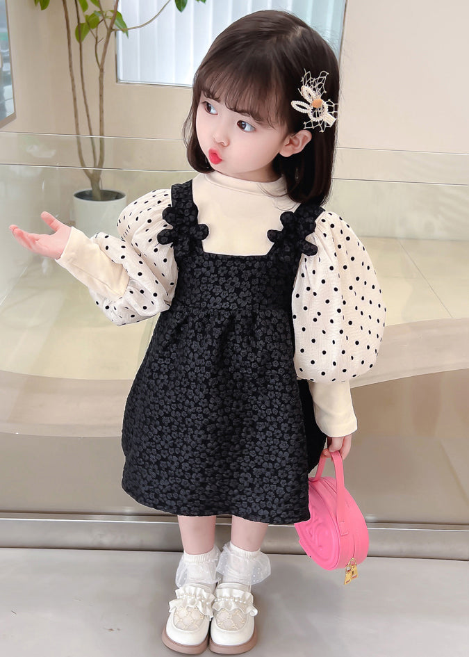 Black Dot Patchwork False Two Pieces Cotton Dresses Lantern Sleeve