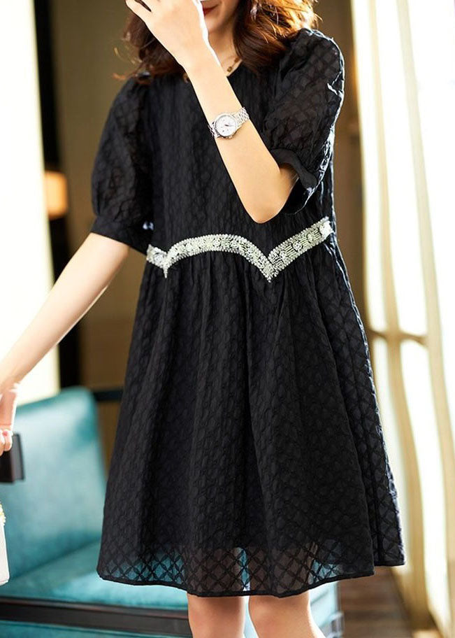 Black O Neck Zircon Patchwork Cotton Dresses Summer