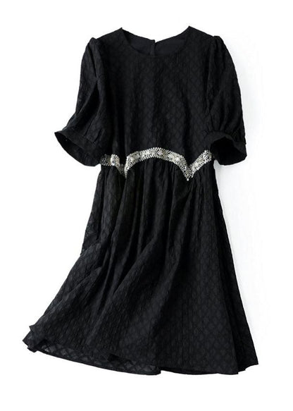 Black O Neck Zircon Patchwork Cotton Dresses Summer