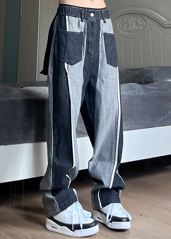 Black Oversized Patchwork Cotton Pants Spring
