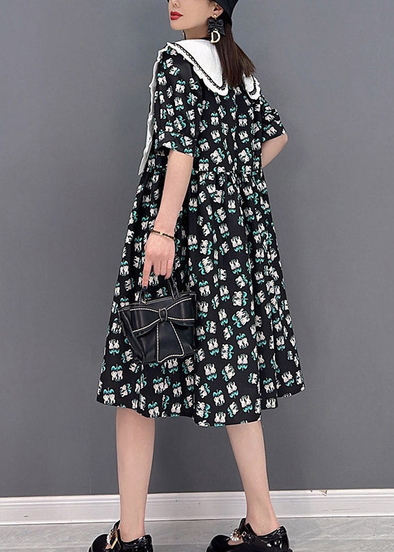 Black Peter Pan Collar Bow Print Chiffon a Line Dresses Short Sleeve