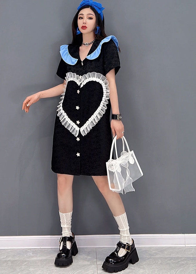 Black Peter Pan Collar Love Tulle Patchwork Shirt Dress Short Sleeve