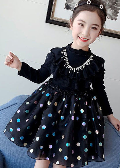 Black Print Ruffled Tulle Patchwork Cotton Baby Dress Fall