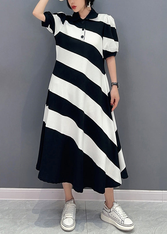 Black White Striped Peter Pan Collar Patchwork Long Dress Short Sleeve