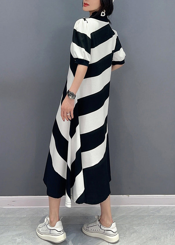 Black White Striped Peter Pan Collar Patchwork Long Dress Short Sleeve