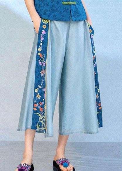 Blue Embroideried Elastic Waist Pockets Cotton Crop Pants Summer