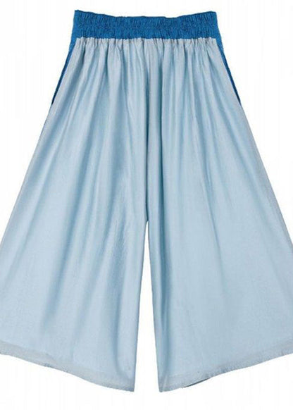Blue Embroideried Elastic Waist Pockets Cotton Crop Pants Summer