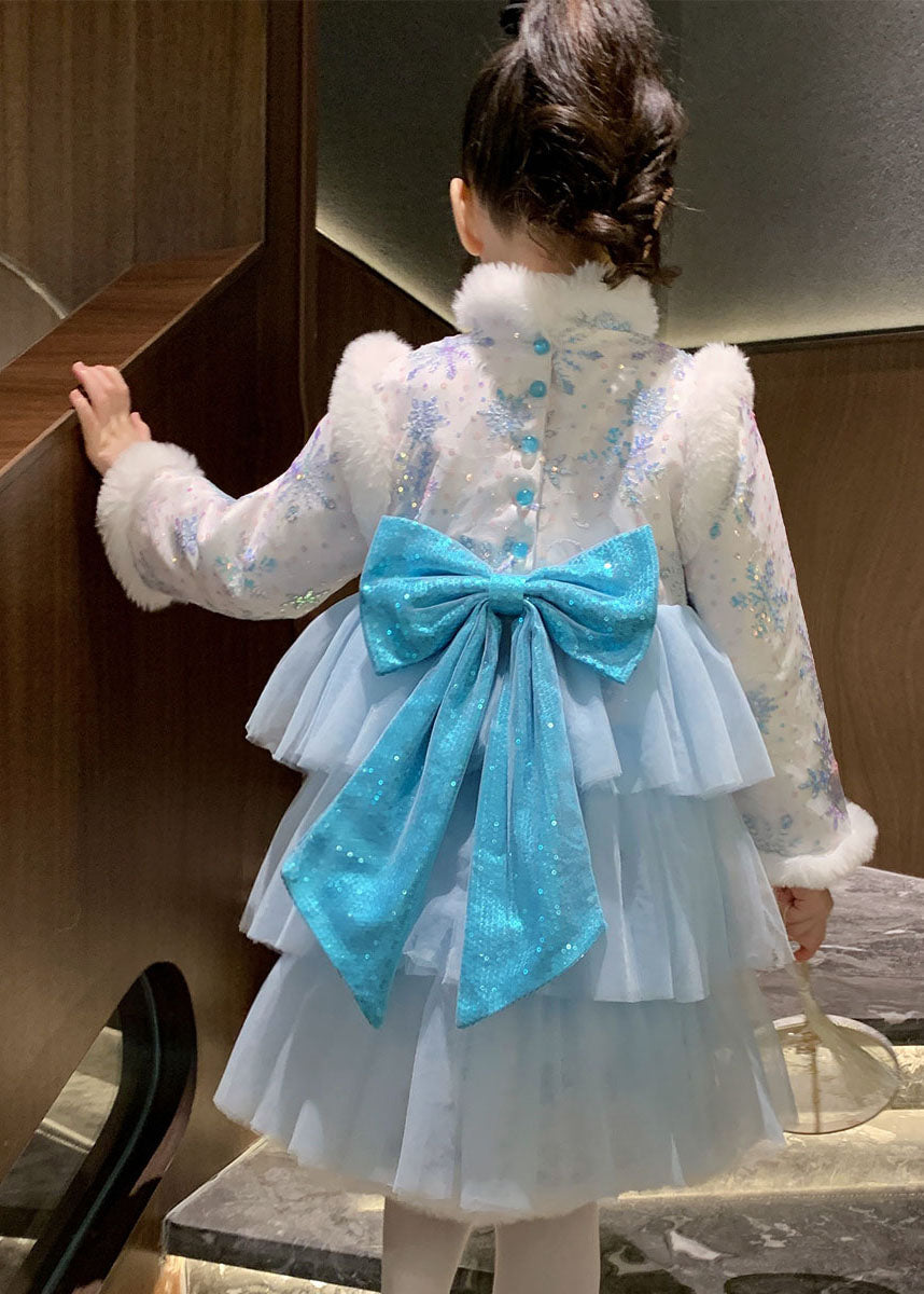 Blue Fur Collar Bow Tulle Patchwork Warm Fleece Long Dress Winter