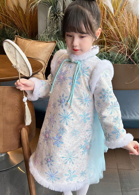 Blue Fur Collar Bow Tulle Patchwork Warm Fleece Long Dress Winter