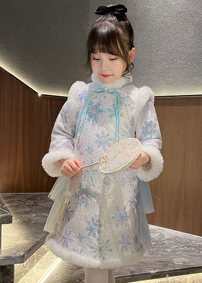Blue Fur Collar Bow Tulle Patchwork Warm Fleece Long Dress Winter