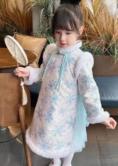 Blue Fur Collar Bow Tulle Patchwork Warm Fleece Long Dress Winter