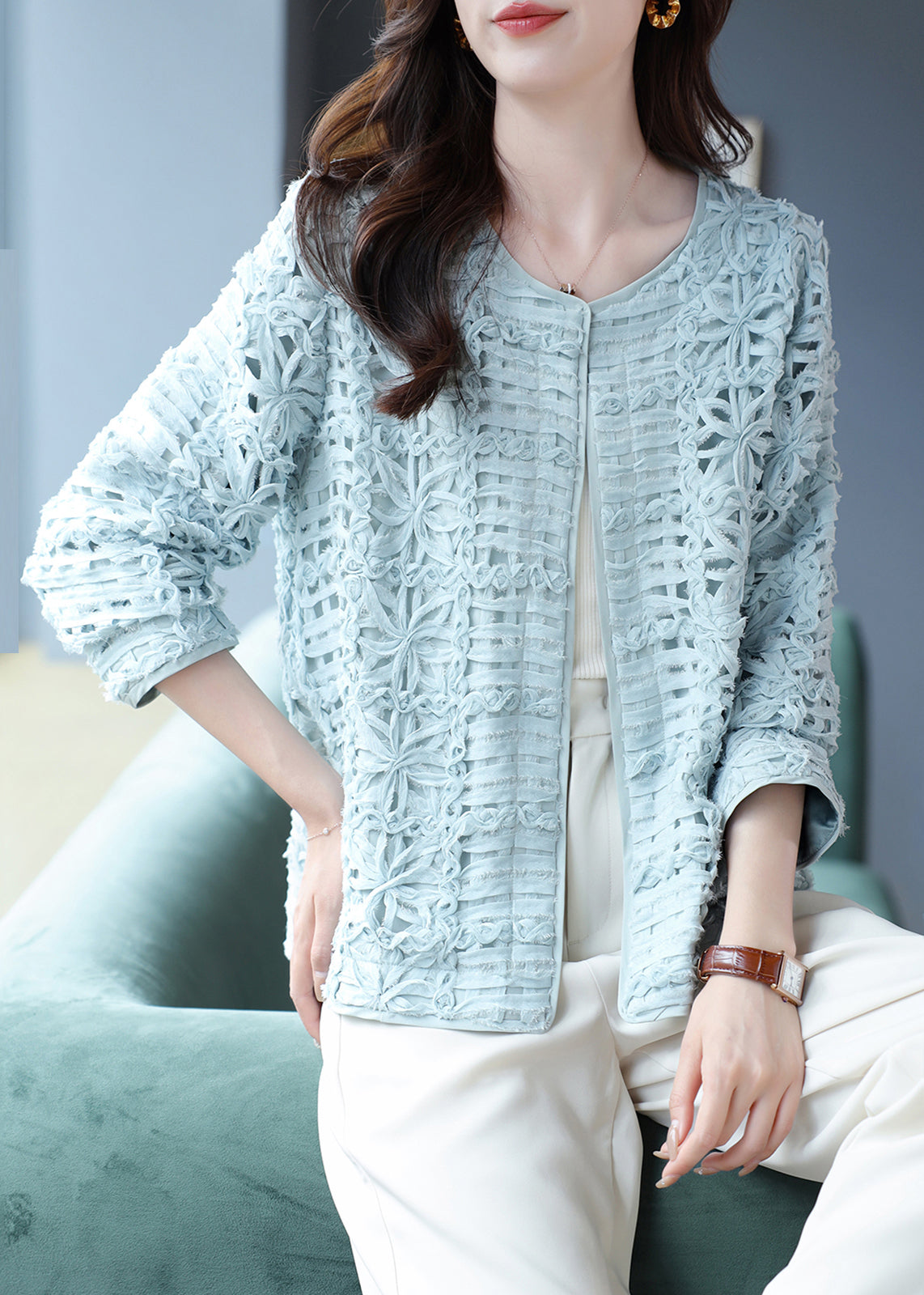Blue Lace Patchwork Hollow Out Cardigans Long Sleeve