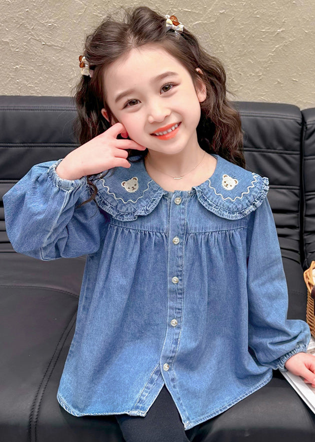 Blue Peter Pan Button Collar Shirt Long Sleeve