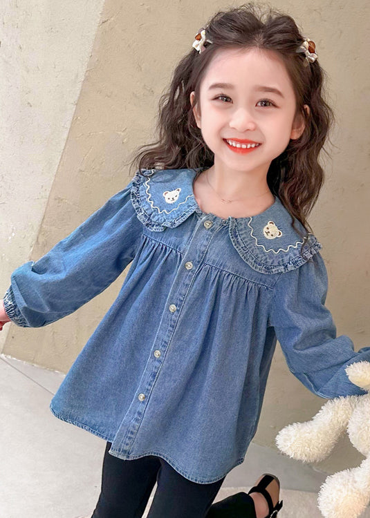 Blue Peter Pan Button Collar Shirt Long Sleeve