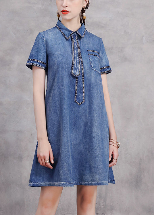 Blue Peter Pan Collar Necktie Embroideried Cotton Denim Dresses Short Sleeve