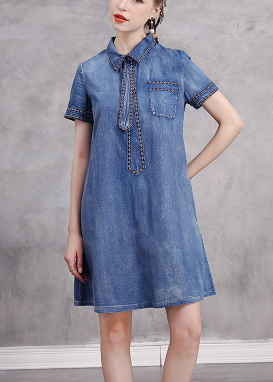 Blue Peter Pan Collar Necktie Embroideried Cotton Denim Dresses Short Sleeve